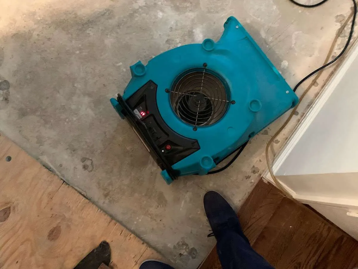 Air mover drying subfloor during Leak Detection & Repair in Saranap